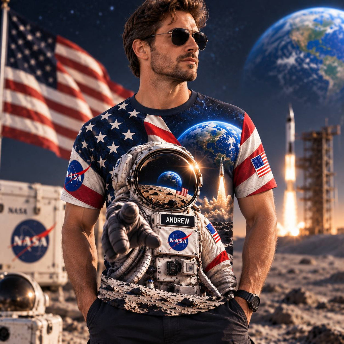 Personalized Your Name Out Space USA Anniversary AOP T-Shirt Sweatshirt Hoodie