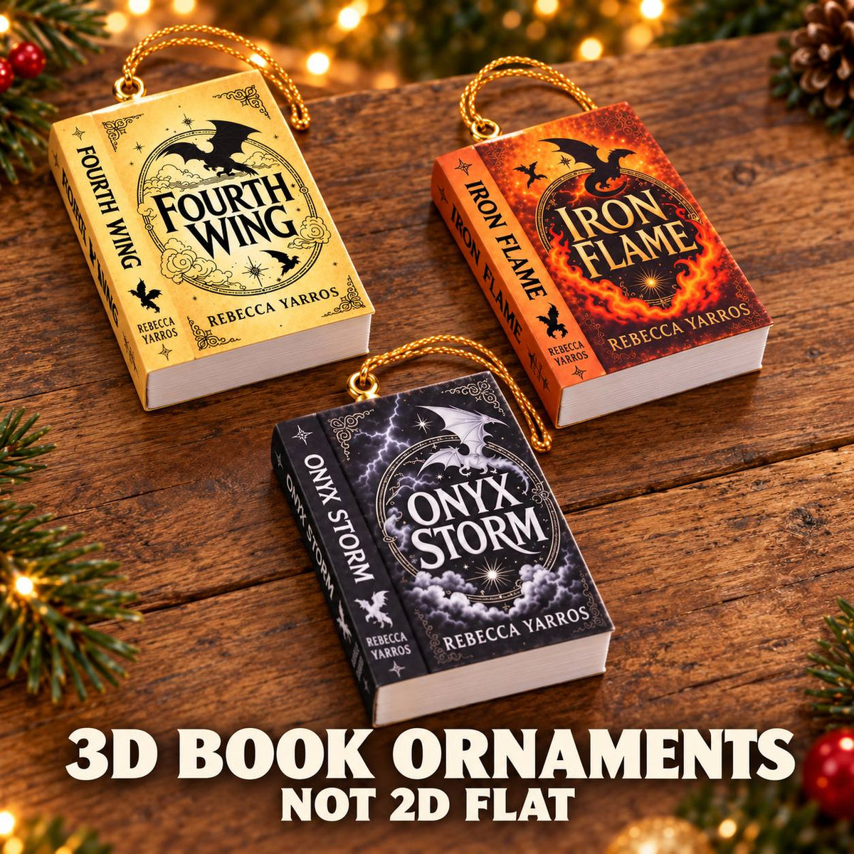 Fourth Wing, Iron Flame & Onyx Storm 3D Book Ornaments, Solid Plastic Christmas Decorations, Fantasy Book Lover Gift