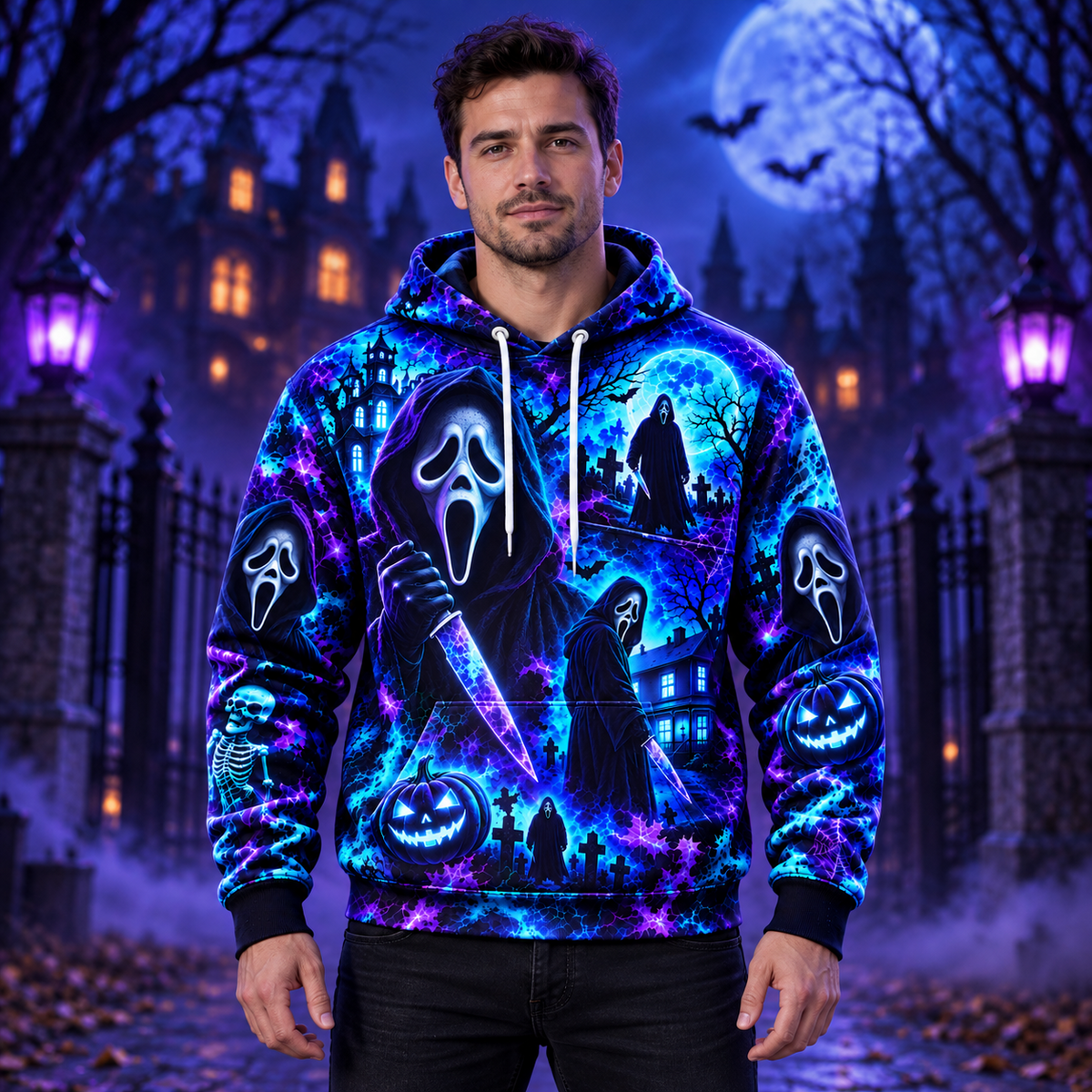 Halloween Neon Ghost Face AOP T-Shirt Sweatshirt Hoodie