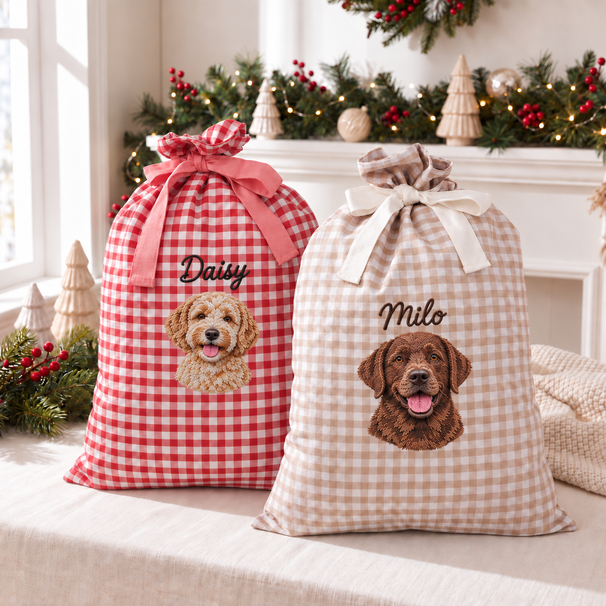Embroidered Custom Pet Dog Cat Photo & Name Christmas Linen Gift Bag