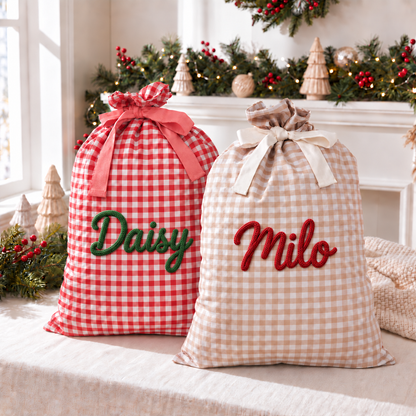 Embroidered Custom Name Christmas Linen Gift Bag