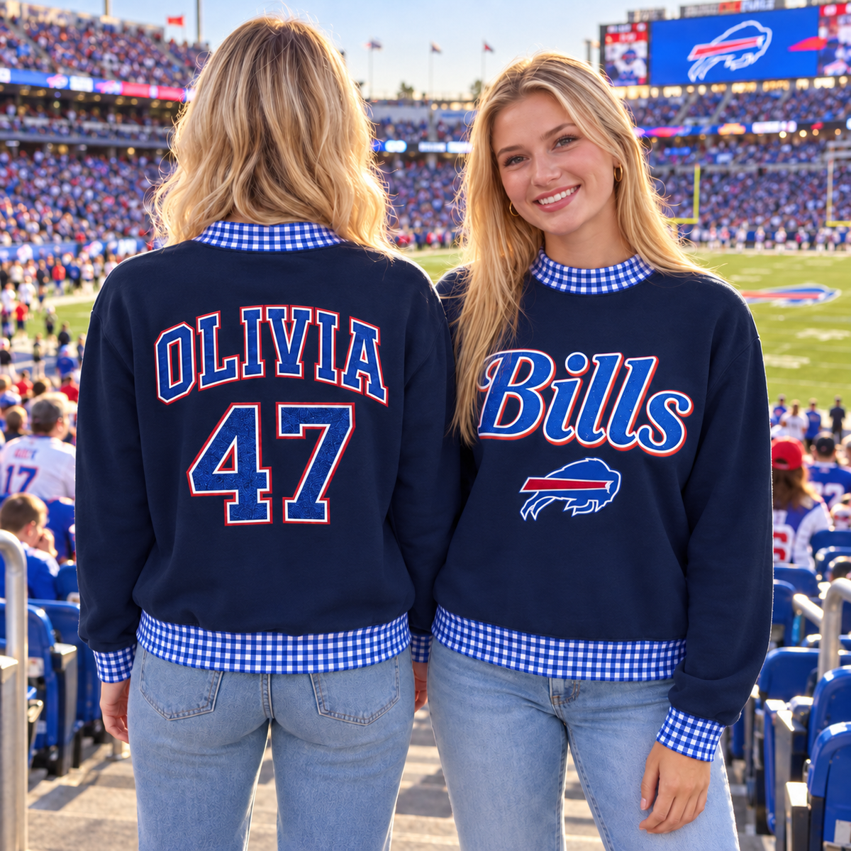 Personalized Embroidered Sweatshirt with Gingham Trim – Custom Name & Number