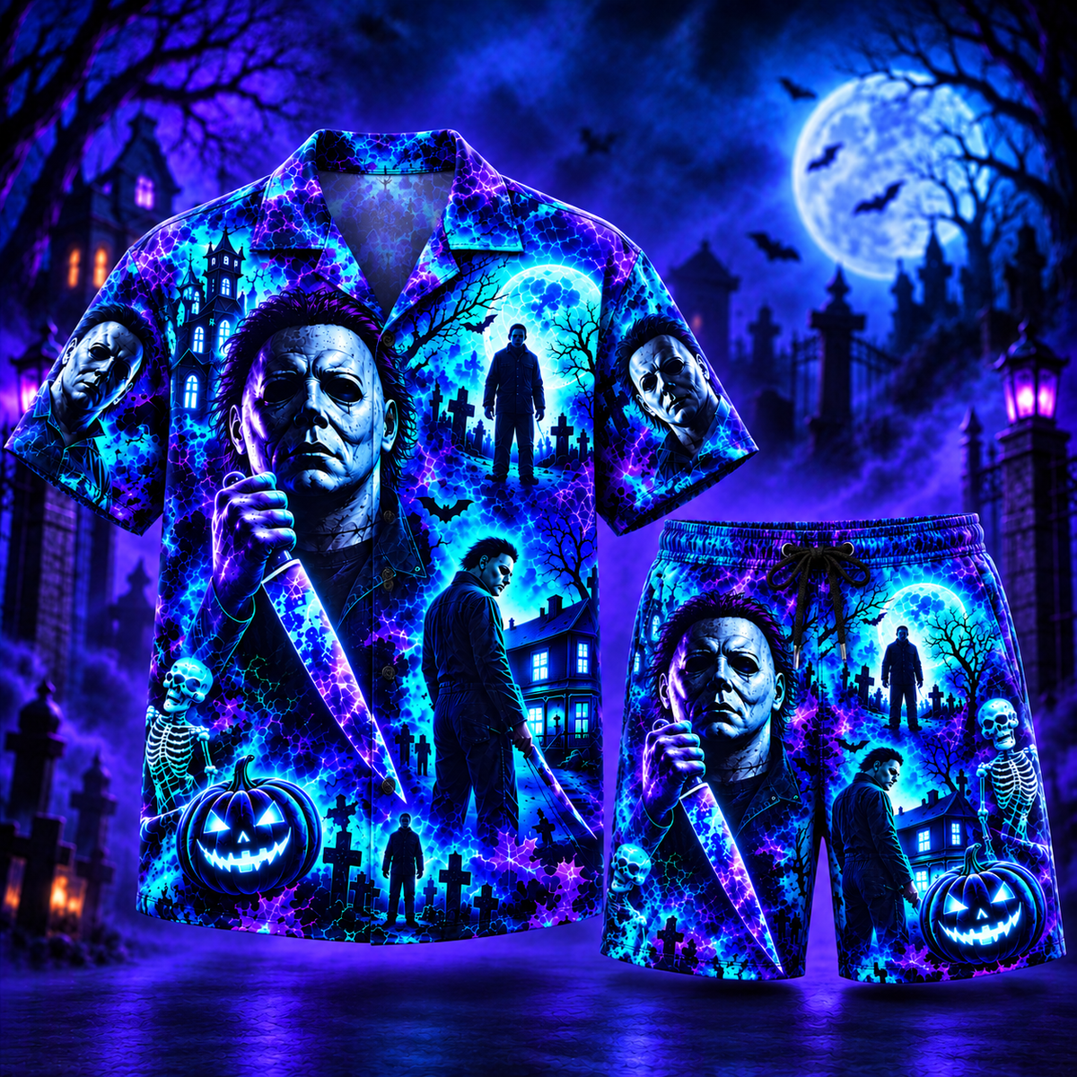Halloween Neon Michael Myers AOP Hawaiian Shirt & Shorts
