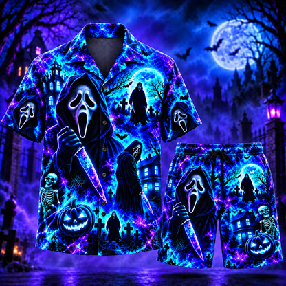 Halloween Neon Ghost Face AOP Hawaiian Shirt & Shorts