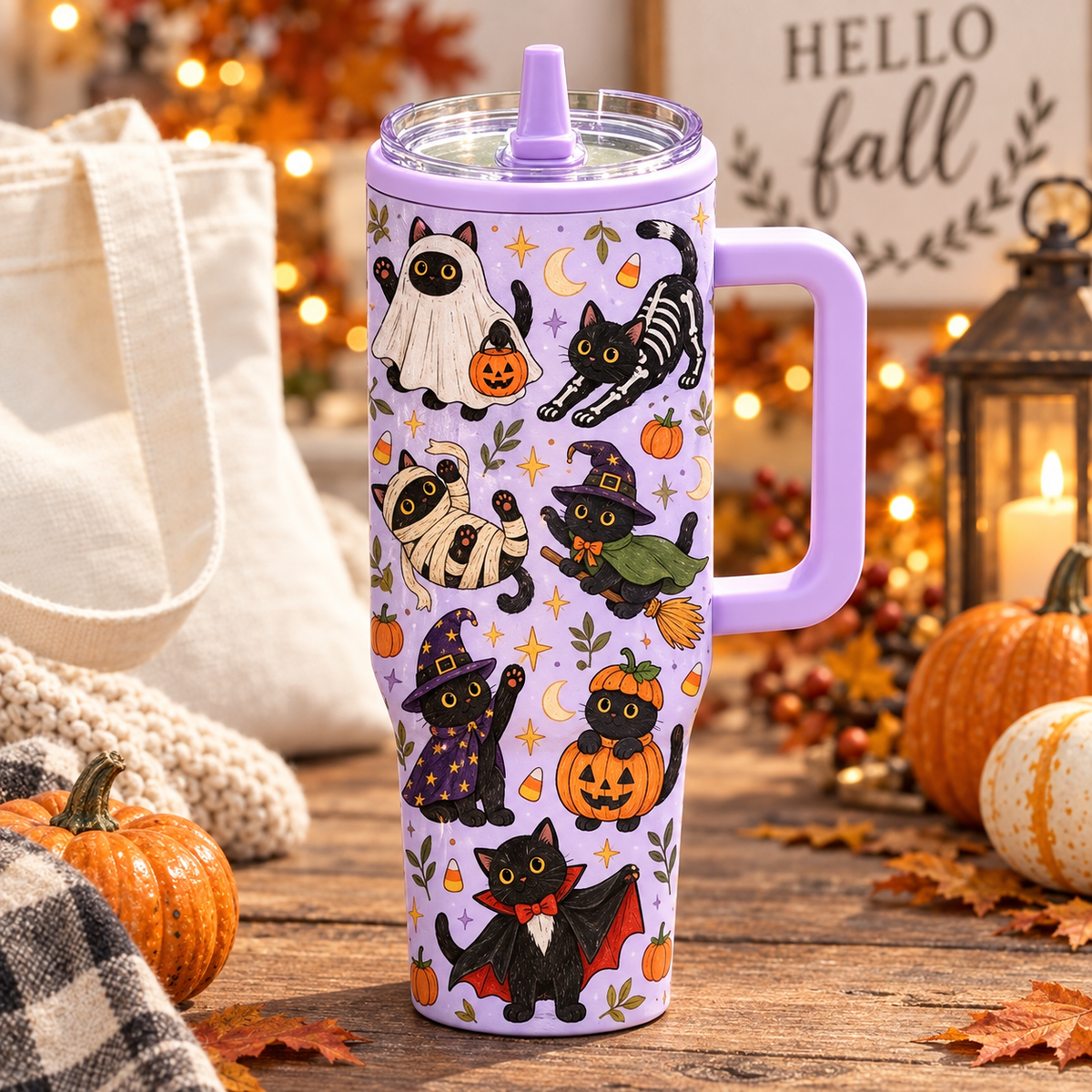 Halloween Custom Black Cats Spooky Season 40oz Suction Cup Tumbler