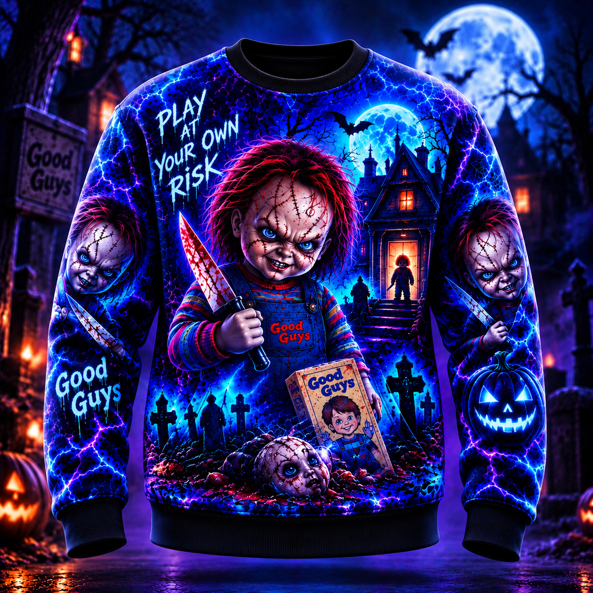 Halloween Neon Chucky AOP T-Shirt Sweatshirt Hoodie