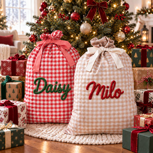 Embroidered Custom Name Christmas Linen Gift Bag