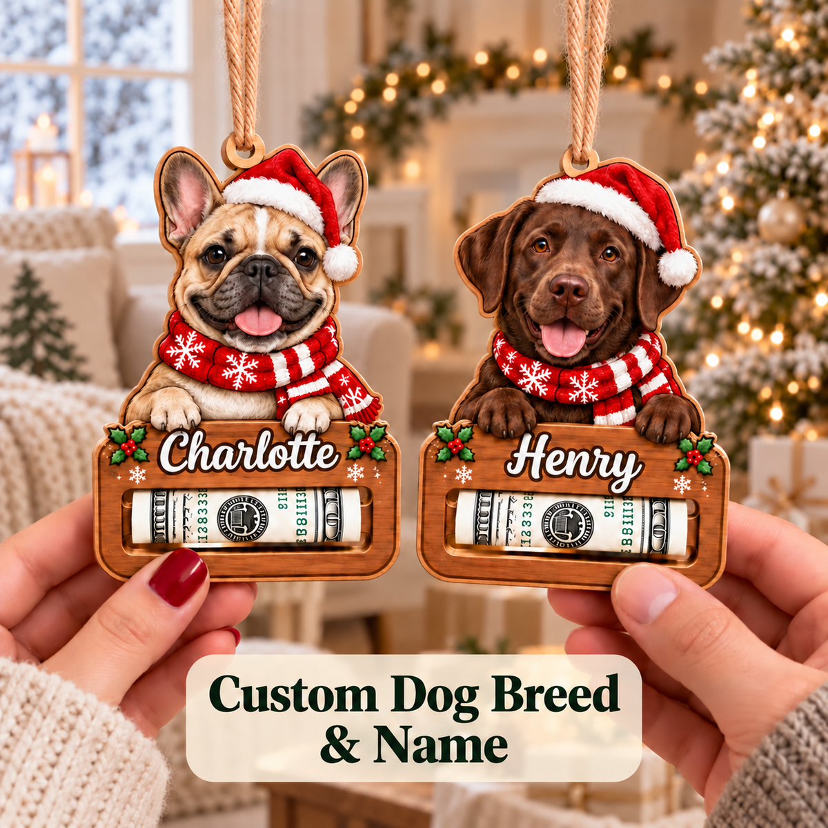 Personalized Custom Dog Breed Money Holder Ornament – Custom Name Wooden Holiday Gift