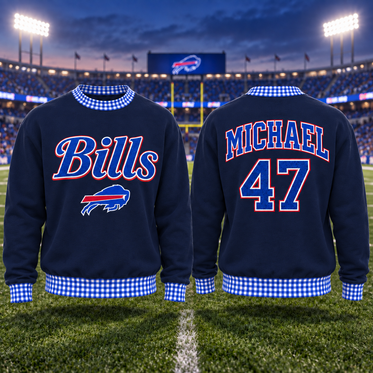 Personalized Embroidered Sweatshirt with Gingham Trim – Custom Name & Number