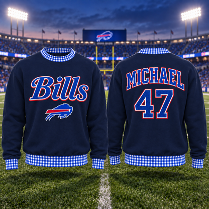 Personalized Embroidered Sweatshirt with Gingham Trim – Custom Name & Number