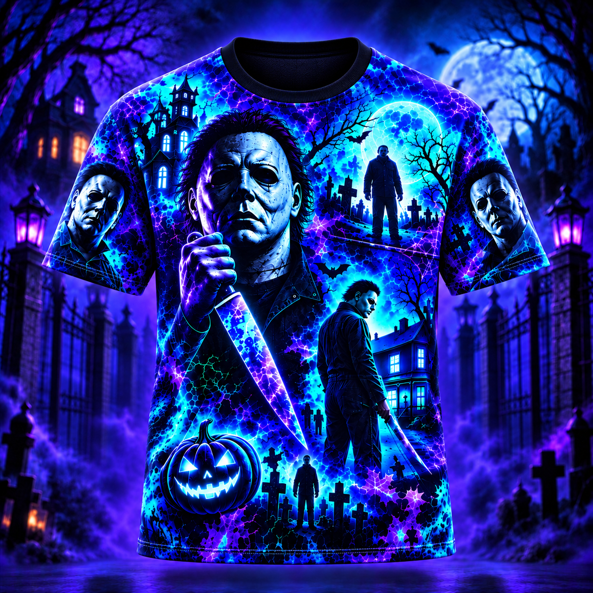 Halloween Neon Michael Myers AOP T-Shirt Sweatshirt Hoodie