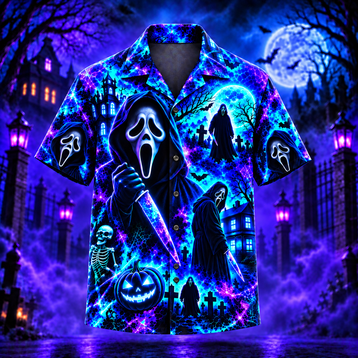Halloween Neon Ghost Face AOP Hawaiian Shirt & Shorts