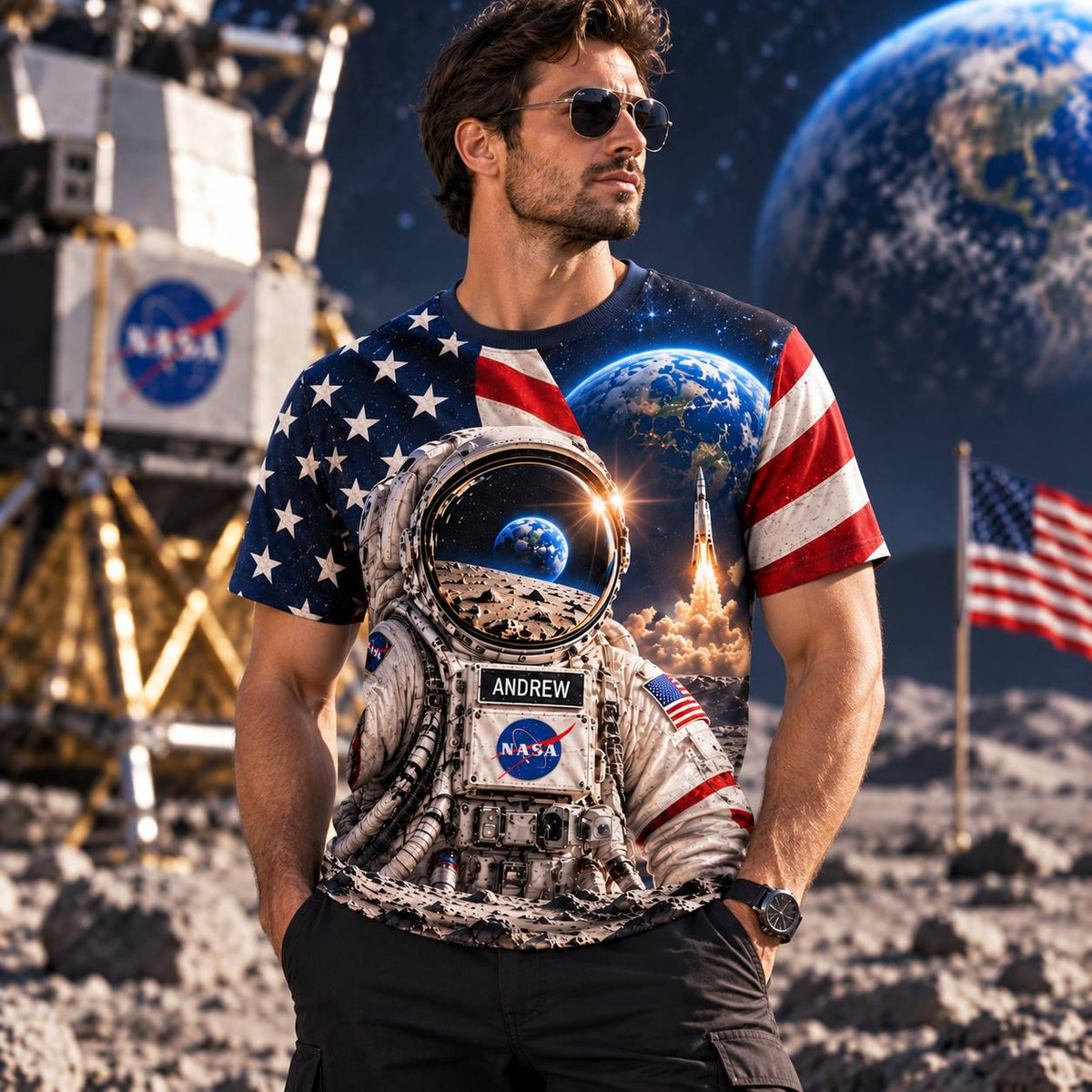 Personalized Your Name Out Space USA Anniversary AOP T-Shirt Sweatshirt Hoodie