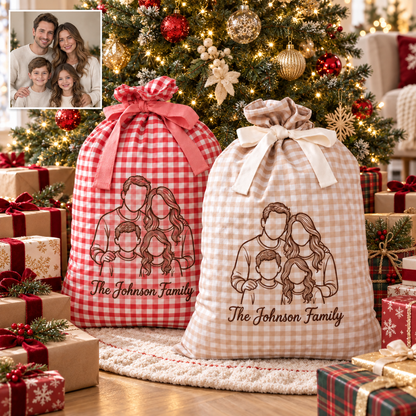 Embroidered Custom Family Photo Outline Christmas Linen Gift Bag