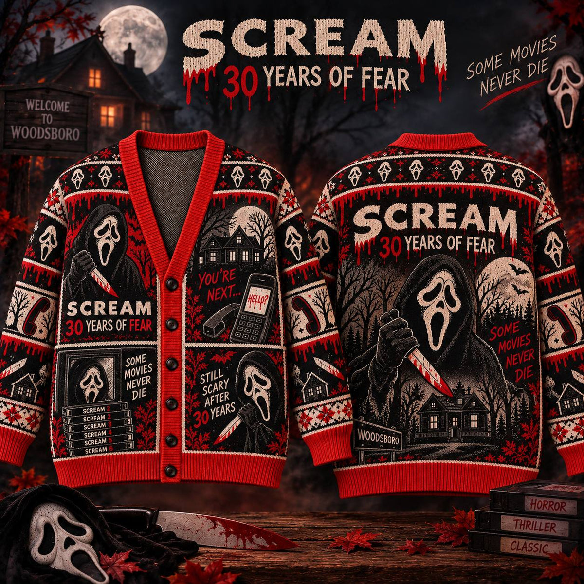 Halloween Scream 30th Anniversary Ugly Cardigan