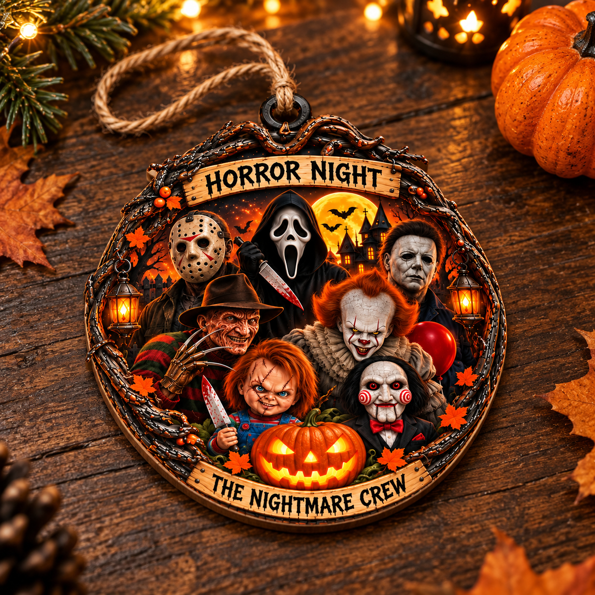 Personalized Halloween Horror Movie Characters Double-Side Printed Wooden Ornament