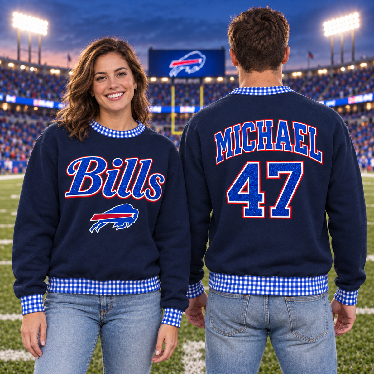 Personalized Embroidered Sweatshirt with Gingham Trim – Custom Name & Number