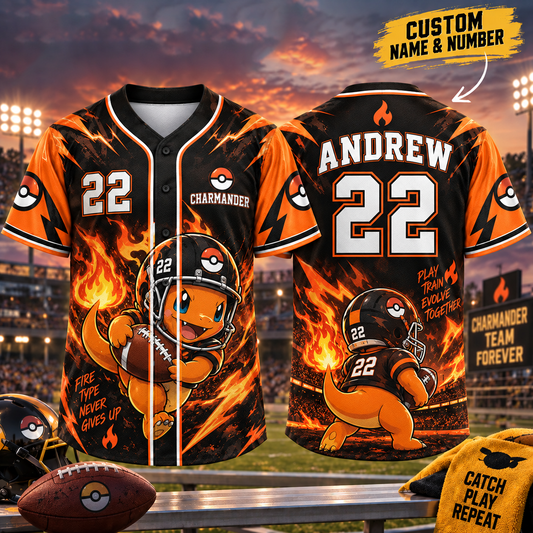Personalized PKM Charmander Football Jersey – Custom Number & Name