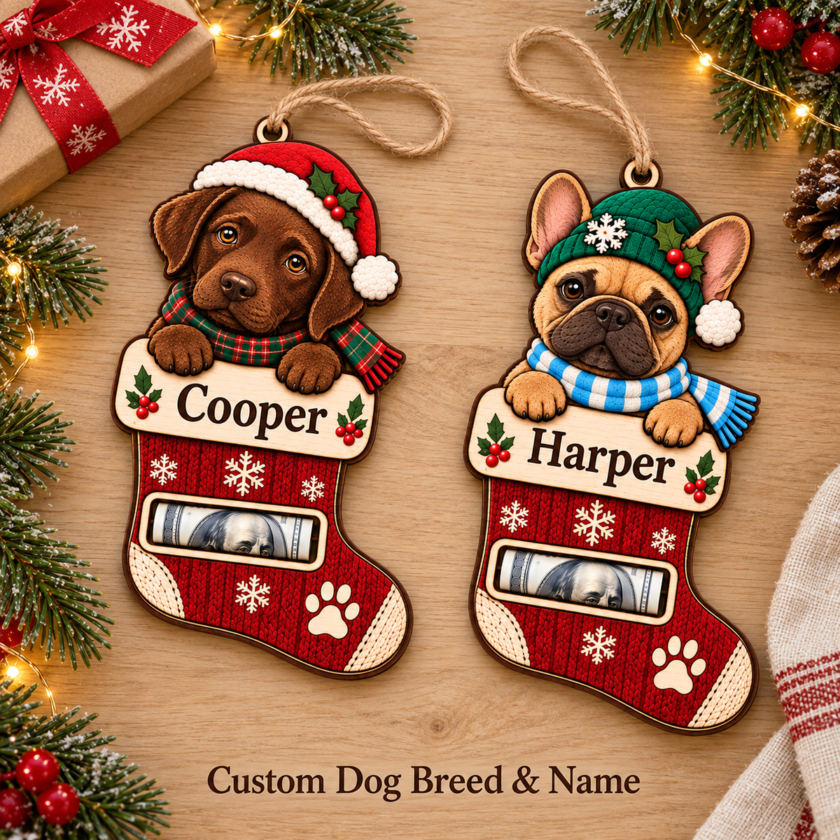 Personalized Custom Dog Breed Money Holder Ornament – Custom Name Wooden Holiday Gift