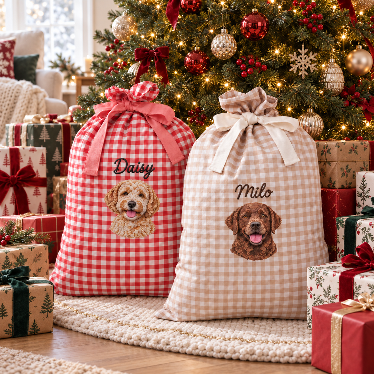 Embroidered Custom Pet Dog Cat Photo & Name Christmas Linen Gift Bag