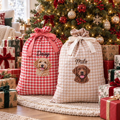 Embroidered Custom Pet Dog Cat Photo & Name Christmas Linen Gift Bag