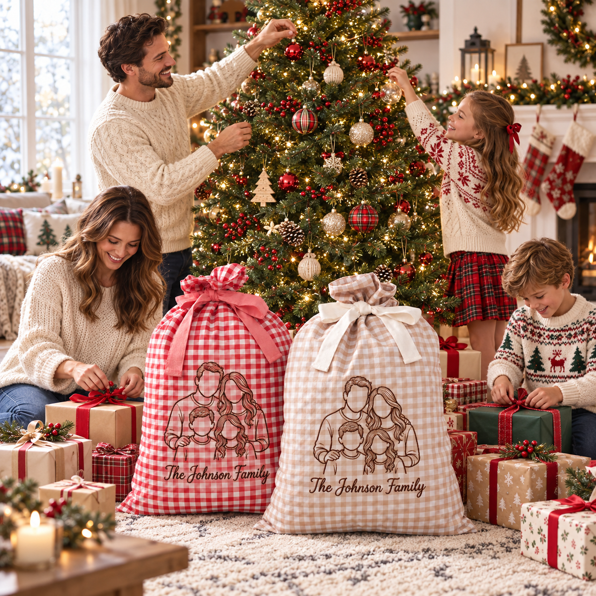 Embroidered Custom Family Photo Outline Christmas Linen Gift Bag