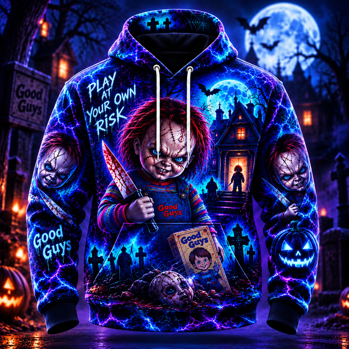 Halloween Neon Chucky AOP T-Shirt Sweatshirt Hoodie