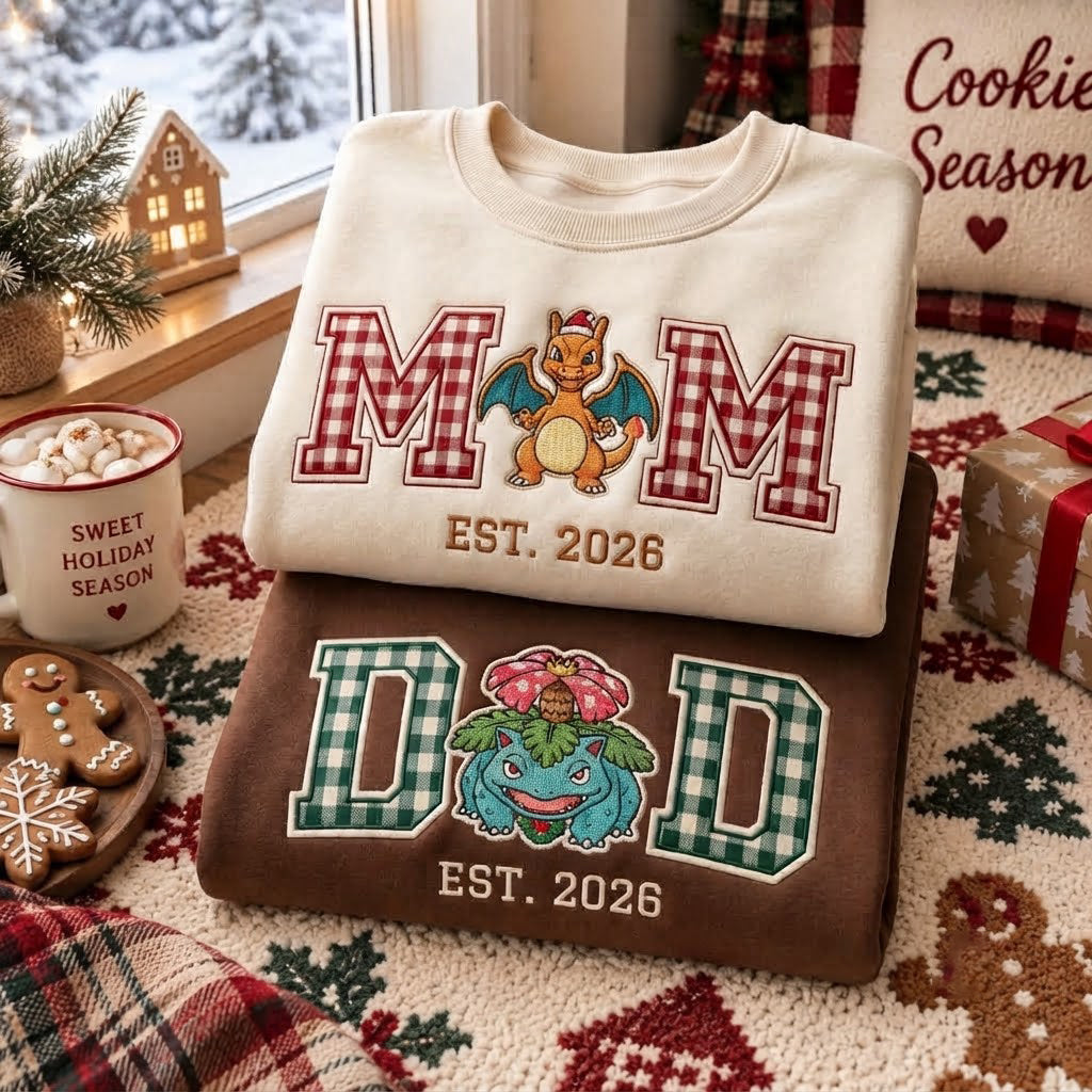 Embroidered Matching PKM Mom and Dad Christmas Sweatshirts