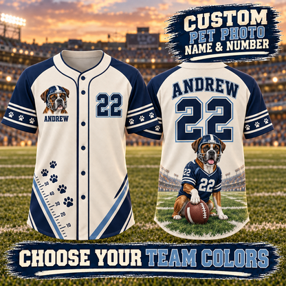 Personalized Pet Photo Football Jersey – Custom Name, Number & Team Colors