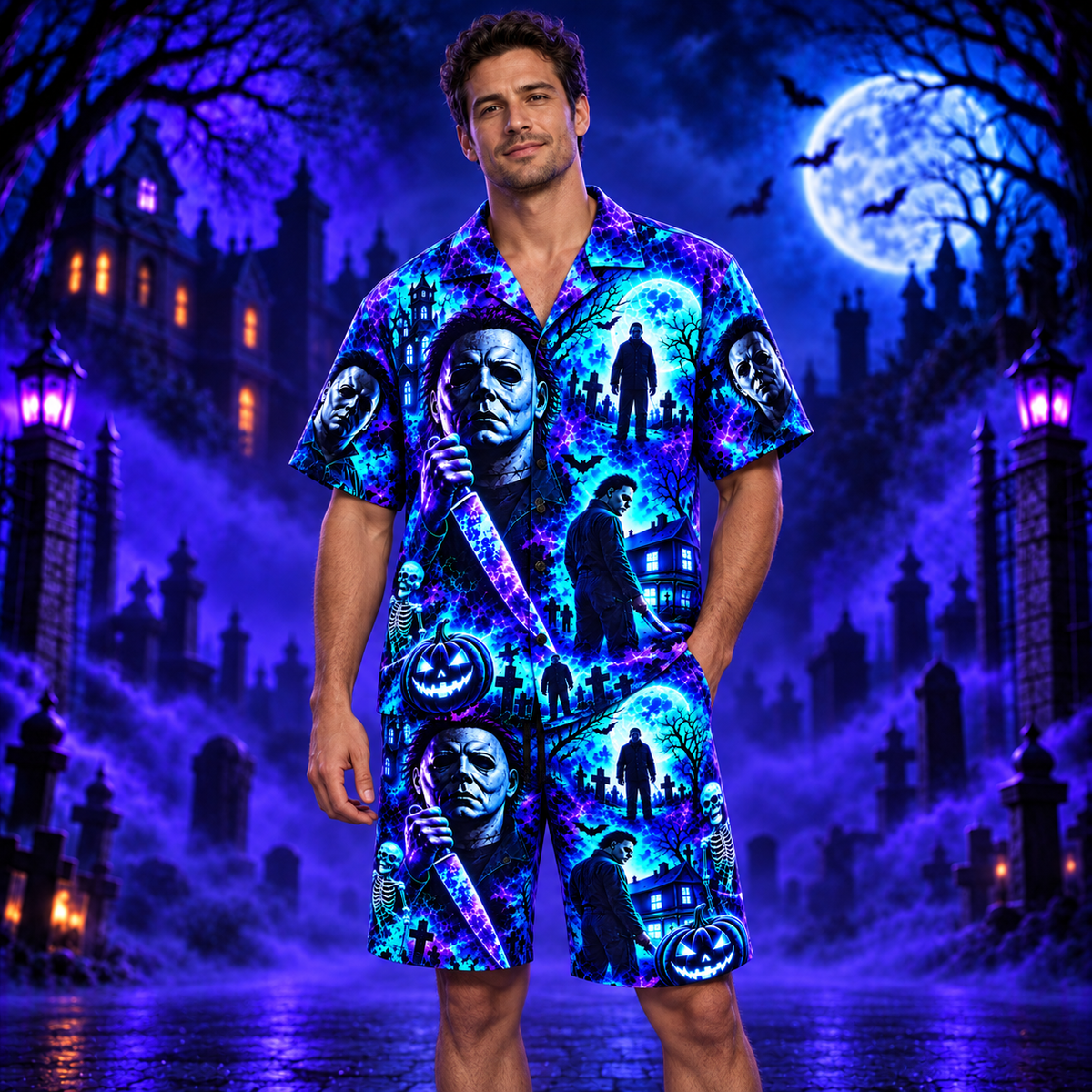 Halloween Neon Michael Myers AOP Hawaiian Shirt & Shorts