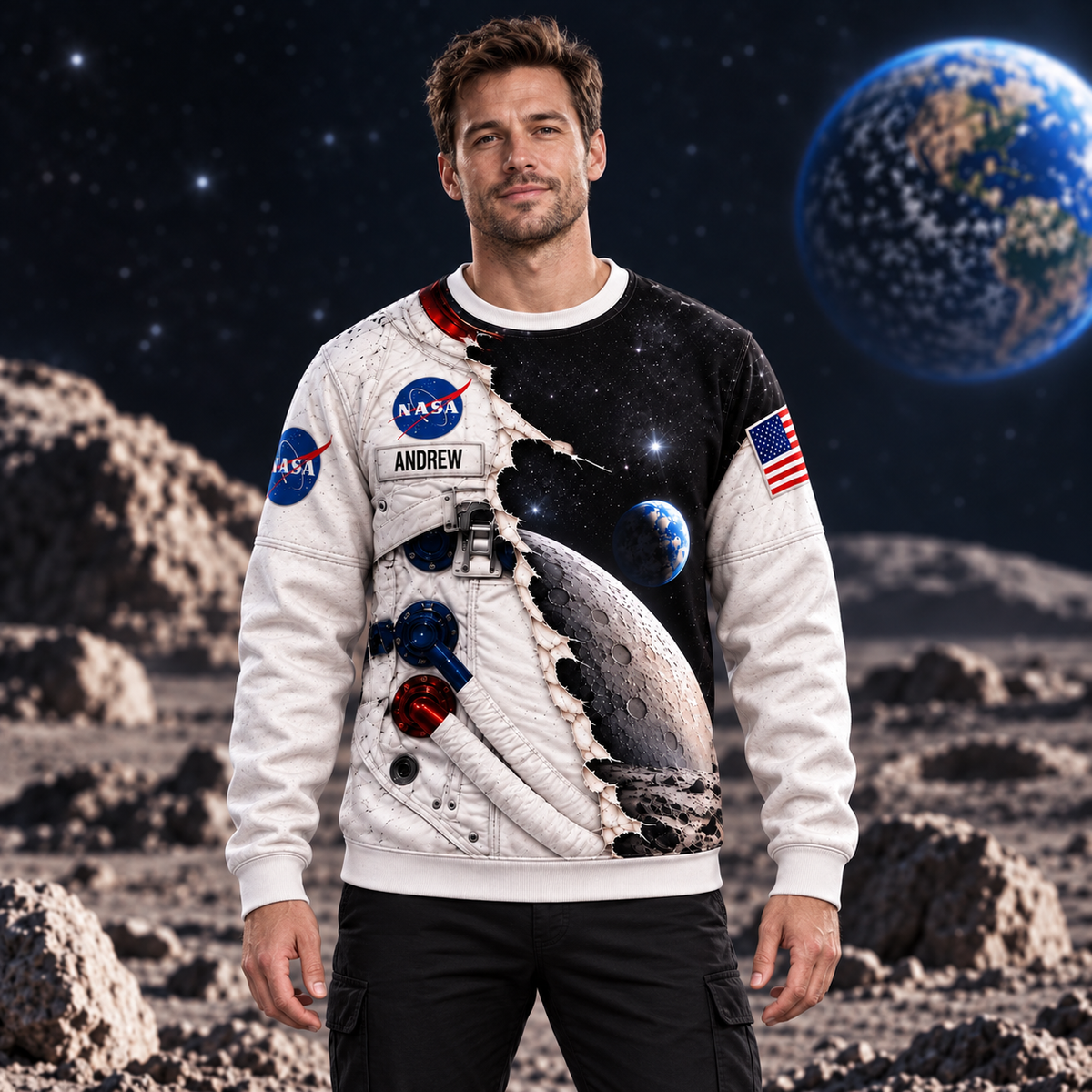 Personalized Your Name Astronaut & Moon AOP T-Shirt Sweatshirt Hoodie