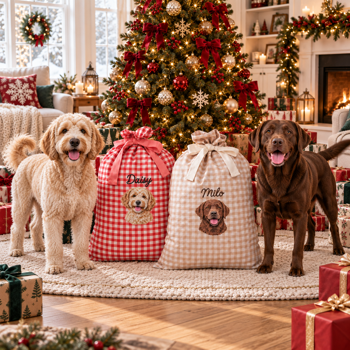 Embroidered Custom Pet Dog Cat Photo & Name Christmas Linen Gift Bag