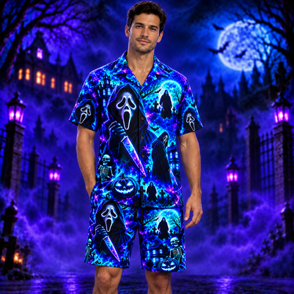 Halloween Neon Ghost Face AOP Hawaiian Shirt & Shorts