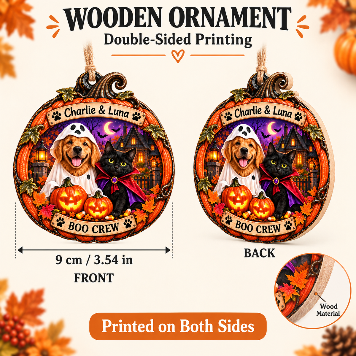 Personalized Halloween Custom Pet  Photo & Name Double-Side Printed Wooden Ornament