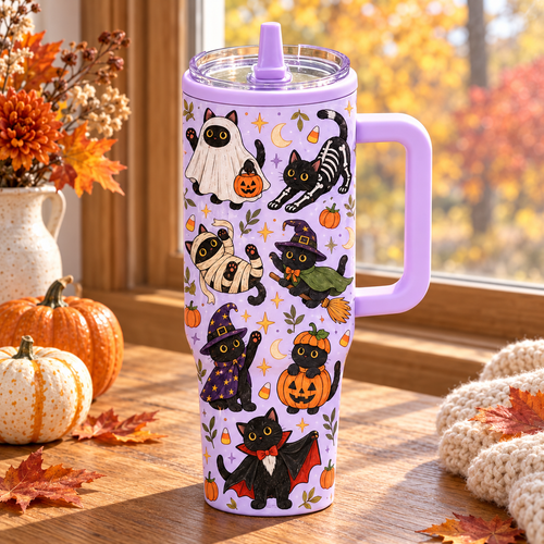 Halloween Custom Black Cats Spooky Season 40oz Suction Cup Tumbler