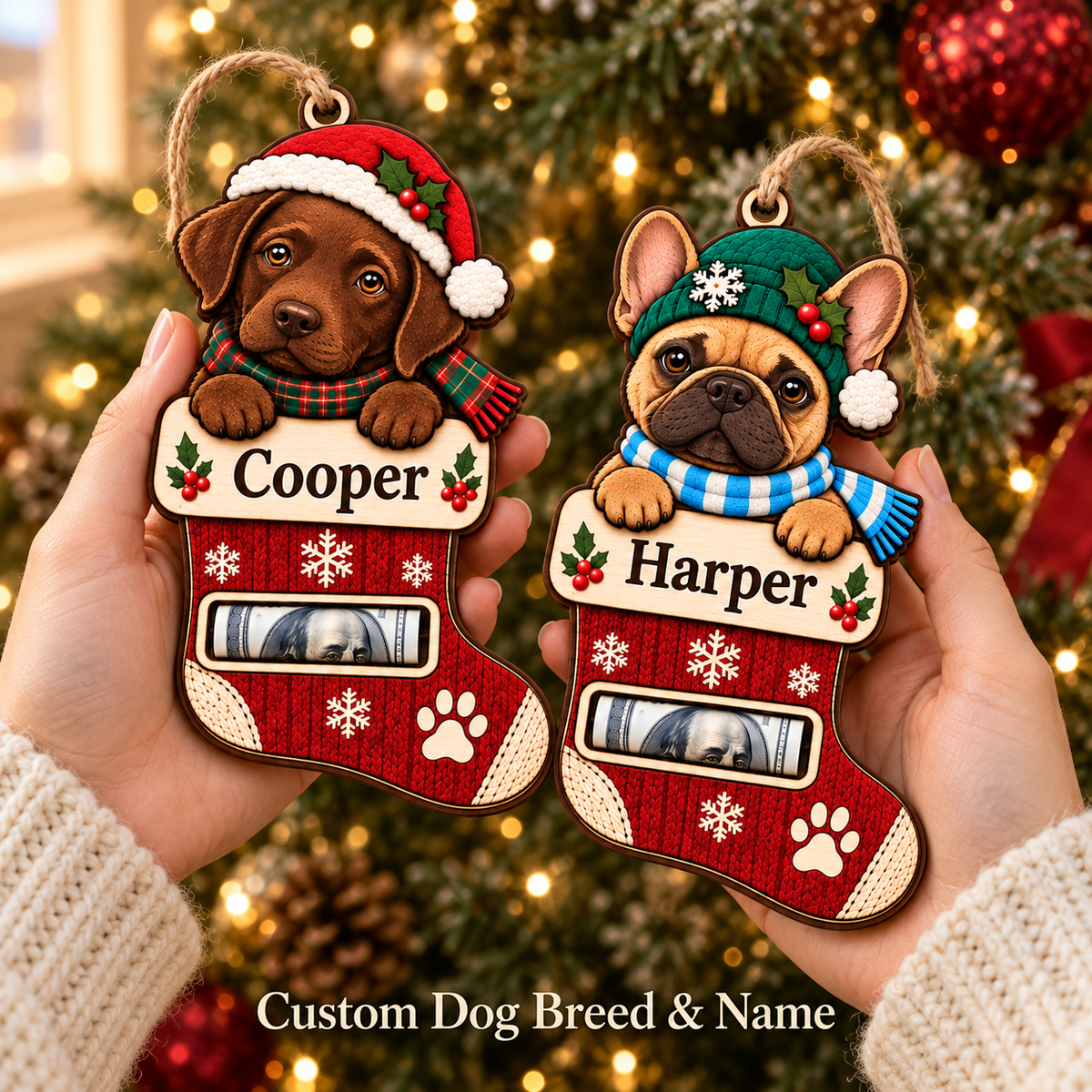 Personalized Custom Dog Breed Money Holder Ornament – Custom Name Wooden Holiday Gift