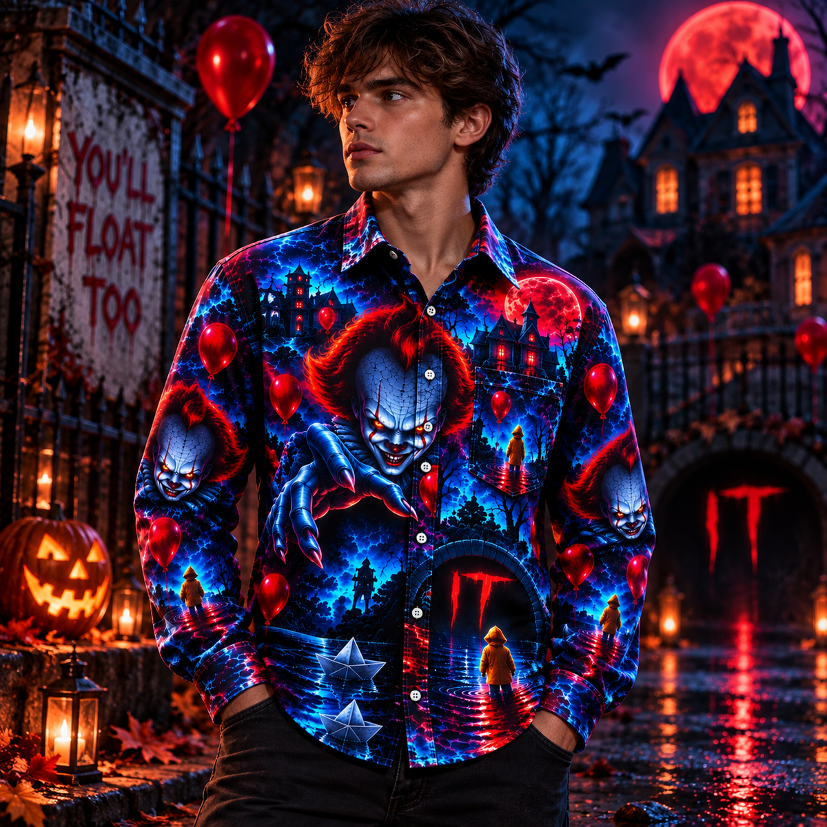 Halloween Pennywise Neon AOP Long Sleeve Shirt With Pocket