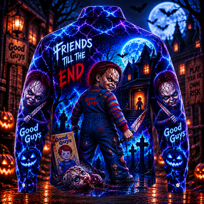 Halloween Chucky Neon AOP Long Sleeve Shirt With Pocket