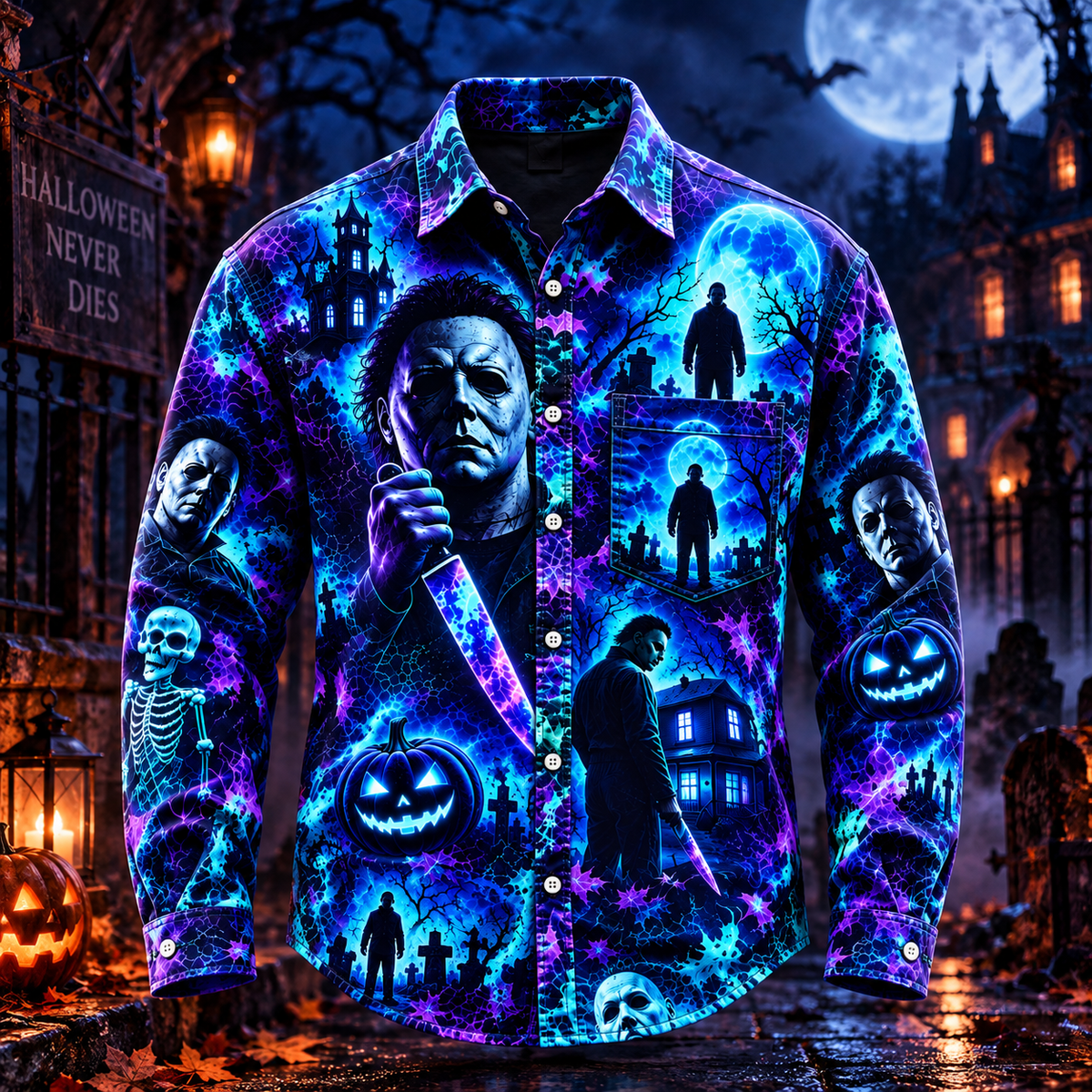 Halloween Michael Myers Neon AOP Long Sleeve Shirt With Pocket