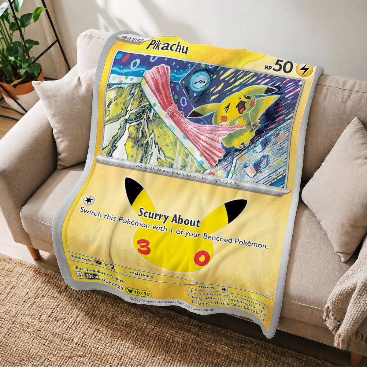PKM Pikachu 30th Anniversary Custom Fleece Blanket